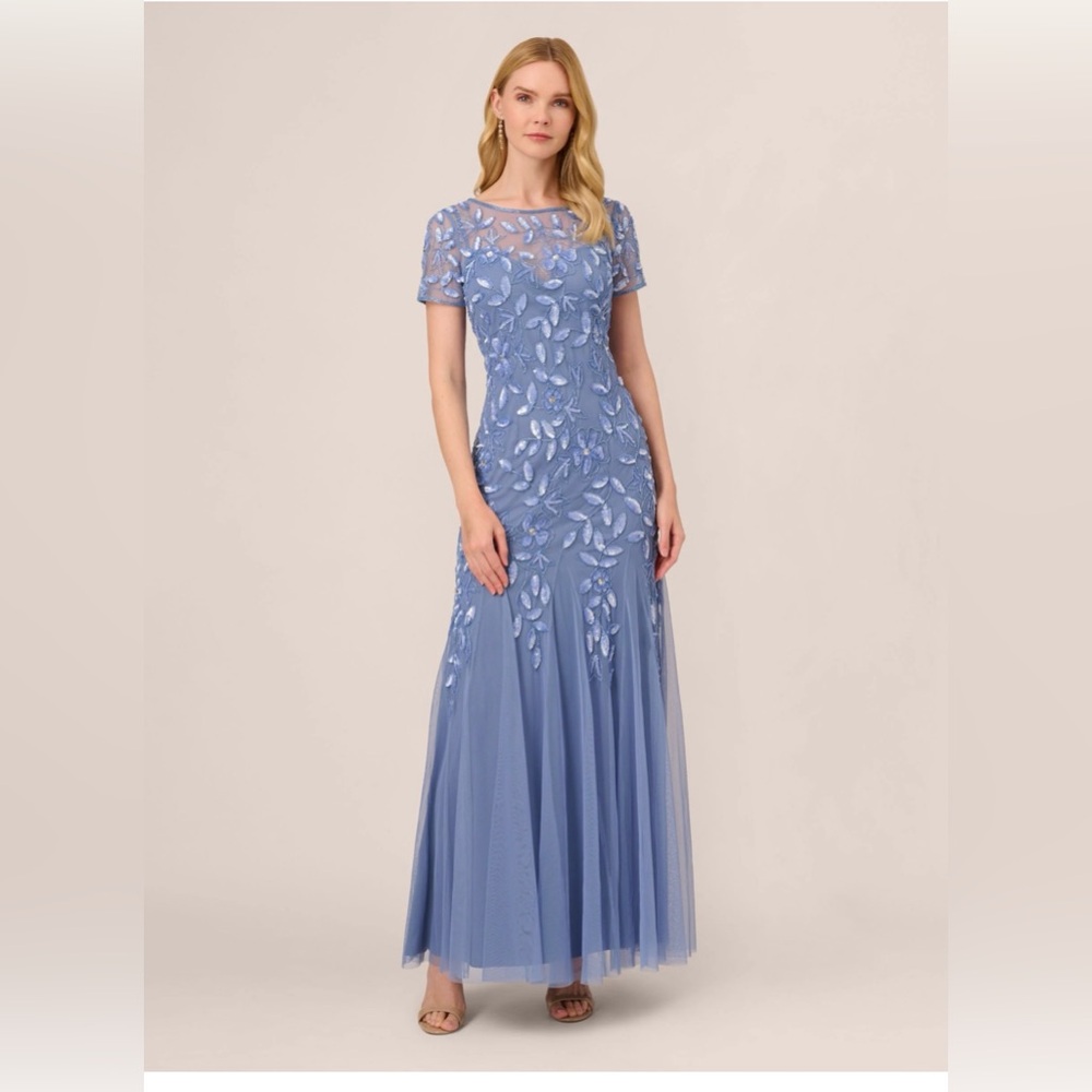 Adrianna Papell Lavender Blue Embroidered Illusion Maxi Dress